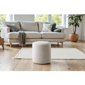 Resim Teddy Düz Puff - Yuvarlak Puf Makyaj Masası Pufu - Dekoratif Ayak Uzatma Pufu Bej 