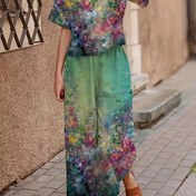 Resim Kadınlar için çiçek desenli, kısa kollu ve uzun pantolonlu rahat polyester karışımlı, tüm mevsimler için giyilebilir, rahat kıyafet|Çiçek desenli üst|Polyester kumaş 