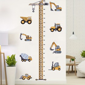 Resim 12 Adet İnşaat Araçları Yükseklik Tablosu Duvar Çıkartmaları - Çocuk Odası, Oturma Odası, Oyun Odası için Kendinden Yapışkanlı Ölçü Bandı Stickerları - Klasik Tarz, Dayanıklı PVC Malzeme, Canlı Renkler 