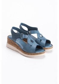Resim İç Dış %100 Hakiki Deri Dolgu Taban Kadın Sandalet Mavi 