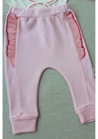 Resim 3-6 6-9 9-12 Ay Hello Nakışlı Kruvaze Bandanalı Uzun Kollu Zıbınlı 3lü Kız Bebek Takımı Pembe Pembe 