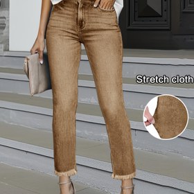 Resim Kadınların Yüksek Bel Esnek Düz Bacaklı Kot Pantolonları, Ham Kenar ve Cep Detaylarıyla - Kahverengi, Rahat Denim Kumaş, Seyahat, İş ve Ofis Günlük Giyim İçin Mükemmel, Tüm Mevsim Stili, Yüksek Bel Kot Pantolonları, Kadın Kot Pantolonları, Kadın Kot Pantolonları, Kadın Kot Pantolonları, Kadın Kot Pantolonları 
