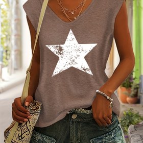 Resim Kadınlar için Günlük Kullanım İçin V Yaka Kısa Kollu Tişört, Eskitilmiş Beyaz Yıldız Baskılı - Rayon Karışımlı Esnek Kumaş, Hafif 180gsm, Makinede Yıkanabilir, İlkbahar Yazlık Rahat Giyim, Bayan Tişörtleri 