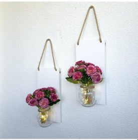 Resim Led Işıklı, Mor Karanfil Çiçekli Duvar Dekoru Beyaz İkili Set Beyaz 