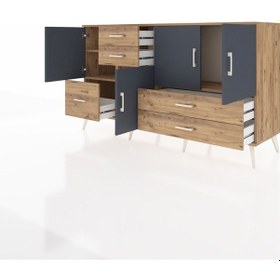 Resim Kronos Konsol 4 Raflı 5 Çekmeceli 4 Kapaklı 176x59x99 Çam-antrasit/çam Antrasıt/atlas Çam - Atlas Çam 