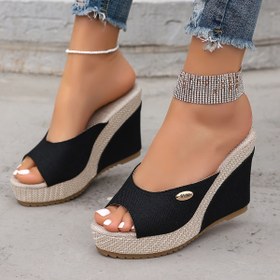 Resim Kadın Siyah Kama Sandaletleri - Şık Kalın Tabanlı Espadril Sandaletler Bahar ve Yaz İçin, Rahat Açık Ayak Tasarımı, Kararlılık İçin Kauçuk Taban, Günlük veya Şık Kıyafetler İçin Mükemmel 