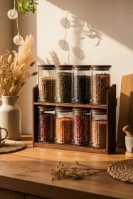 Resim Mira Büyük - 8'li Ahşap Standlı Vakumlu Ahşap Kapaklı Cam Baharatlık Takımı Saklama Kabı Seti 445 Ml Ahşap 