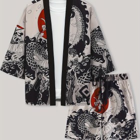 Resim Erkek Japon Kimono Yıkma Üstü ve Bağcıklı Şort, Polyester, Rahat Stil, V-Yaka, Esnemez Kumaş, Yaz Pijama Takımı, Normal Beden, Karikatür Desen, Ev Giyimi, Rahat Giyim|Geleneksel Kimono Tasarımı|Polyester Kumaş 