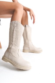 Resim Bak Store Bej Deri Cilt Nakışlı Fermuarlı Western Kovboy Kadın Çizme Dikişli Tabanlı 