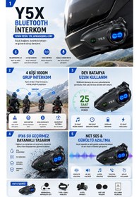 Resim Y5x Bluetooth Kask Kulaklığı 1000 Metre İnterkom 4 Kişi Grup Konuşma Müzik Paylaşımı Mikrofonlu Motosiklet Kulaklığı 