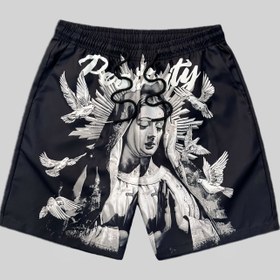 Resim Sanatsal Baskılı Erkek Atletik Plaj Şortları - İpli Bel, Hızlı Kuruyan, Geometrik Tasarım, Siyah Günlük Yazlık Board Shorts, Esnemez Kumaş 