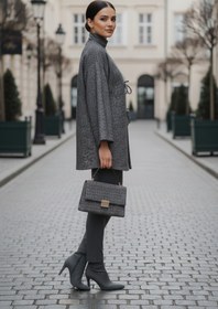 Resim Aişe tesettür Antrasit Kırçıllı Önü Bağlamalı Kimono Tunik / Likralı Ütü İstemez Kumaş 