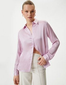 Resim Saten Gömlek Dokulu Düğmeli Uzun Kollu 