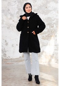 Resim Bestenur Çift Cepli Tesettür Peluş Kap 1245 - Siyah 