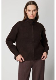 Resim On Fashion Kadın Beli Lastikli Dik Yaka Fermuarlı Kahverengi Hırka 60937 Kahve 