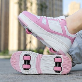 Resim Çocuklar için Hafif Kaykay Patenleri, Çıkarılabilir Tekerlekler - Pembe & Beyaz Rahat Spor Ayakkabılar Erkek ve Kız Çocuklar İçin, Her Mevsim Dış Mekan Eğlencesi, Dayanıklı PU Malzeme, Bağcıklı Tasarım 