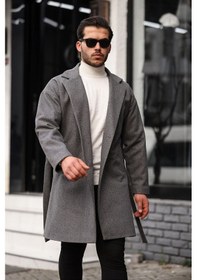 Resim Mero Life Erkek Gri Kemerli Oversize Rahat Kesim Kaşe Kaban Gri 