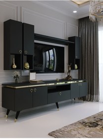 Resim Myniture Home & Living Modern Tv Sehpası Gold Üçgen Kulp Kepli G9024-4 Antrasit 35 Cm Derinlik 