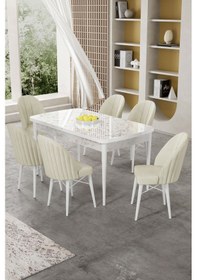 Resim Canisa Gale Serisi 80x132 Açılabilir Lak Panel Beyaz Mermer Desen Mutfak Masa Takımı 6 Krem Sandalye Masa Beyaz Mermer Desen Sandalye Krem 