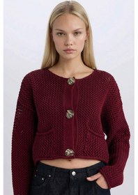 Resim Defacto Relax Fit Bisiklet Yaka Düğmeli Örgü Desenli Triko Hırka E1962AX24WNBR43 Bordo 
