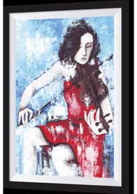 Resim keman çalan kırmızılı kadın sanatsal çerçeve görünümlü ahşap tabl 