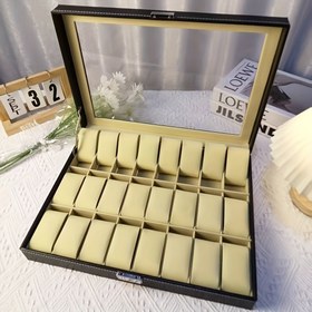 Resim 24 Bölmeli Ekstra Büyük Kapasiteli Saat ve Takı Saklama Kutusu - Vintage Suni Deri, Şeffaf Cam Kapaklı, Yumuşak Kadife Astarlı İç Yüzey, Çıkarılabilir Yastıklar, Anahtar Kilitli Kapanış, Bileklikler, Saatler, Aksesuarlar için Masaüstü Organizatör, Klasik Tasarım, Güvenli Kilitleme, Ev Dekorasyonu, Mücevher Kutuları 