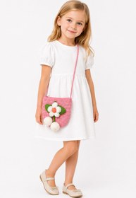 Resim MakeWell Kız Çocuk Hasır Omuz Çantası Pembe Çiçek Detaylı Örgü Çapraz Askılı Mini Çanta 