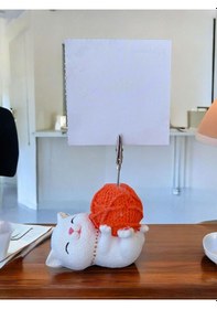 Resim Turuncu Yumaklı Yatan Kawaii Kedi Temalı Not Tutacağı Fotoğraf Tutacak Tutucu Ofis Hediyelik Turuncu 