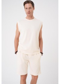 Resim Comfort Fit Bisiklet Yaka Esnek Pamuk Kolsuz Spor Bej Tişört Ts 898 Bej 