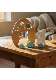 Resim Simdale Wood Ahşap Tavşan Ve Mavi Bulutlar - Montessori Bebek Odası Raf Dekoru & Oyuncak 