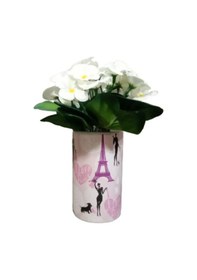 Resim Vazoda Beyaz Yapay Çiçek Dekoratif Kızlı Paris Desenli Vazo Dahil 7 x 7 x 16 CM 