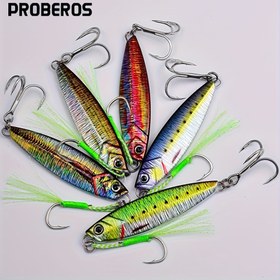 Resim Proberos, kıyıdan atışa uygun 5 metal balıkçılık yemi seti sunar. Bu set, 10G, 15G, 20G, 32G ve 40G ağırlıklarında olup, alabalık avcılığı için kancalar, sahte balıklar, kaşıklar, jigler ve yapay yemler içerir. 