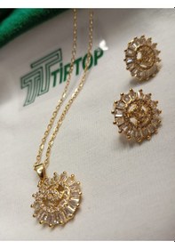 Resim Tiptop/ Gold Renk Zirkon Taşlı Güneş Model Kolye Ve Küpe Set Gold 