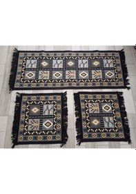 Resim Oto Koltuk Üstü Kilim 45x50cm 50x130cm Siyah 3'lü Set 