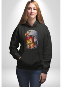 Resim Kartal Kızıl Derili Kadın Erkek Siyah Kapüşonlu Sweatshirt Hoodie Siyah 