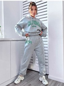 Resim Unisex California Baskılı Kapüşonlu Sweatshirt + Eşofman Altı Jogger Eşofman Takımı Gri 
