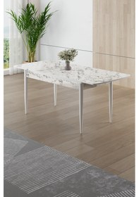 Resim Canisa Asfel Serisi Mdf 77x130 Beyaz Mermer Desen Yandan Açılabilir Mutfak Masa Takımı 6 Krem Sandalye Beyaz Mermer Masa Krem Sandalye 