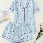 Resim İki Parçalı Kadın Sevimli Kiraz Baskılı Pijama Takımı, Dönmeli Yaka Düğmeli Kısa Kollu Üst ve Fiyonklu Şort Yazlık Günlük Pijama ve Ev Giysileri 