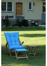 Resim Mavi Minder ve Ayak Uzatma Tabureli Katlanır Şezlong 