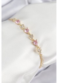 Resim Pirinç Zirkon Taşlı Pembe Kalp Model Gold Renk Kadın Bileklik Altın 