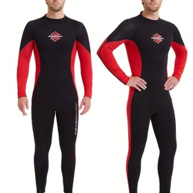 Resim Erkek 3MM Neopren Sualtı Kostümü, Uzun Kollu, Siyah ve Kırmızı, Dört İğne, Altı İplik, Sıcak, Soğuk Korumalı, Güneş Korumalı, Kış Yüzme, Sürüklenme, Sörf, Dalış, Su Sporları, Koruyucu Tulum olarak. 
