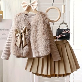 Resim 3 Parça 'Şık Kışlık Tüy Gibi Ceket & Etek Takımı - Fiyonk Detaylı, Yumuşak Pastel Bej veya Kahverengi Uzun Kollu Elbise Seti, Makinede Yıkanabilir&Kuru Temizlemeye İdeal, Rahat Suni-Tüylü Çerçeve, İşlemeli Yaka Ve Katmanlı Etik Sonbahar/Kış için Doğum Günü Partisi Veya Casual Giysiler - Tam Outfit (Kemer Dahil Değildir) 