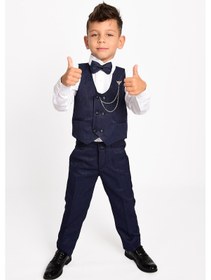 Resim Merdia Kids Erkek Çocuk Smokin Takım Elbise Gömlek, Pantolon, 6 Düğmeli Yelekli, Papyonlu, Zincirli Lacivert 