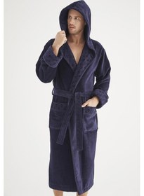 Resim Yaka Jakarlı %100 Cotton Erkek Bornozu Lacivert 