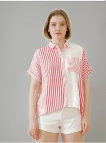 Resim Adisia Kadın Keten Oversize Pembe Cizgili Beyaz Kısa Kollu Gömlek Pembe 