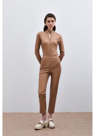Resim Sateen Yüksek Bel Deri Pantolon - Camel-135287 Camel 