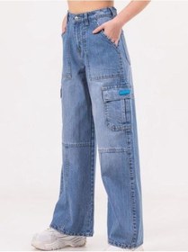 Resim Zekids Kız Çocuk Denim Kargo Bol Paça Pantolon-13788-mavi Mavi 