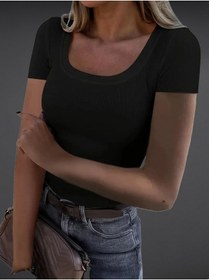 Resim Kadın Kısa Kollu Kare Yaka Basic Kaşkorse Bluz Siyah 