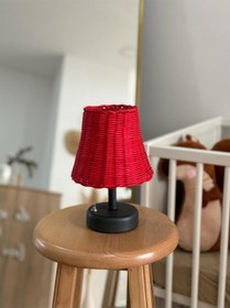 Resim Kırmızı Bambu Masa Üstü Kablosuz Pilli Abajur Masa Lambası Alt Anrasit 
