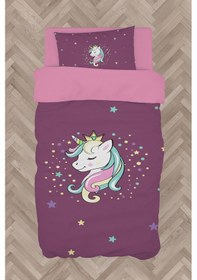 Resim Mekta Home Bebek Ve Çocuk Odası Renkli Unicorn Desenli Mor Nevresim Takımı 